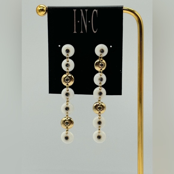 INC Drop Down Stone with Embedded Crystal Dangling Earrings in Gold Tone 3in - Picture 3 of 10